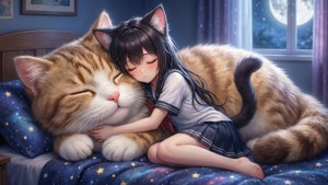 거대한 고양이 인형과 함께 잠든 네코미미 소녀 — 애니메이션 고양이 배경화면