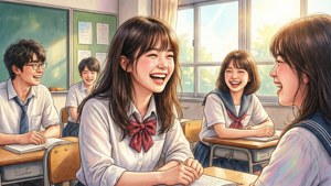 햇살 가득한 교실에서 친구들과 함께 웃고 있는 리카코 — 파도 배경화면