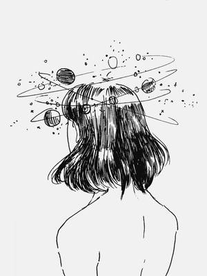 궤도를 도는 행성들과 소녀의 감성적인 스케치 — 공간 미적 배경화면