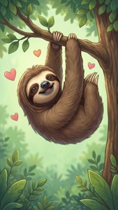 하트와 함께 매달려 있는 귀여운 만화 나무늘보. — 귀여운 감성 GIF 배경화면