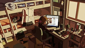 그림자에 비춰진 애니메이션 소녀의 노트북 작업 공간