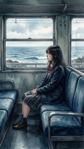 기차에 혼자 탄 리카코가 바다를 바라보고 있는 모습 — 파도 배경화면