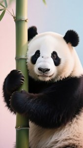 대나무를 껴안고 있는 판다, 직접적인 눈맞춤의 귀여운 파스텔 배경화면. — 판다 배경화면