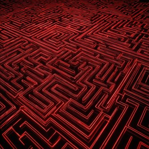 빛나는 선으로 이루어진 최면을 거는 듯한 네온 레드 미로 패턴. — 네온 레드 배경화면