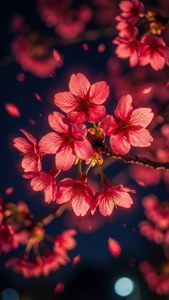 어둠 속에서 빛나는 몽환적인 네온 레드 벚꽃. — 네온 레드 배경화면