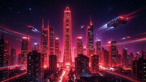 사이버펑크 미학의 밤, 미래적인 네온 레드 도시 스카이라인. — 네온 레드 배경화면