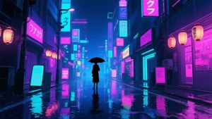 네온 불빛과 빗물 반사가 어우러진 활기찬 애니메이션 도시 야경. — 애니메이션 풍경 배경화면