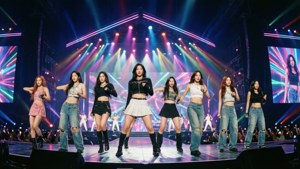 네온 조명 아래 화려한 무대에서 공연 중인 TWICE. — 트와이스 배경화면