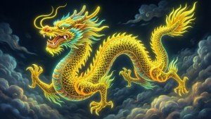 전통 중국 용이 네온 노란색 악센트로 구름 속에 그려져 있는, 상서로운 배경화면.