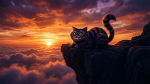 화려한 노을을 배경으로 한 체셔 고양이의 실루엣. — 체셔 고양이 배경화면