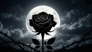 보름달 앞의 블랙 로즈 실루엣, 미니멀리스트 그래픽.
