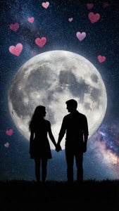 은하수 달 아래 하트 모양 별들과 함께한 커플의 로맨틱한 실루엣. — 아이폰 6 배경화면