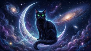 초승달 위에 앉아 있는 신비로운 검은 고양이 — 애니메이션 고양이 배경화면