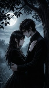 검은 나뭇잎이 있는 나무 아래의 낭만적인 흑인 애니메이션 커플 — 검은 애니메이션 배경화면