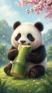 봄에 대나무를 즐기는 사랑스러운 카와이 팬더. — 카와이 배경화면