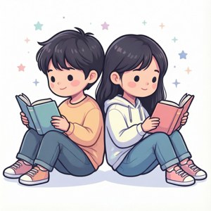 별이 빛나는 배경에 등지고 앉아 책을 읽는 두 친구의 클립아트. — 화웨이 노바 플립 배경화면