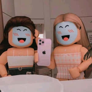 두 인형이 거울 앞에서 셀카를 찍는 모습 — 에스테틱 로블록스 배경화면