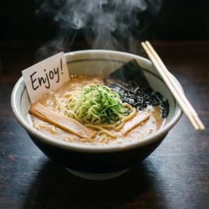 개인 메모와 함께 배달된 김이 모락모락 나는 라멘 그릇의 클로즈업 — 갤럭시 워치 배경화면