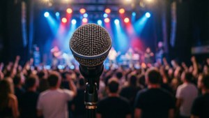 흐릿한 콘서트 관중을 배경으로 한 다이내믹한 마이크 촬영. — 음악 감성 배경화면