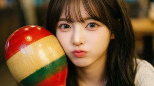 비보가 커다란 마라카를 껴안고 있는 귀엽고 마음 따뜻해지는 클로즈업.