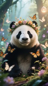 꽃 왕관과 나비를 한 판다, 환상적인 마법의 숲 배경화면. — 판다 배경화면