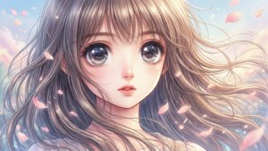 꽃잎을 든 만화 스타일의 아름다운 소녀 초상화.