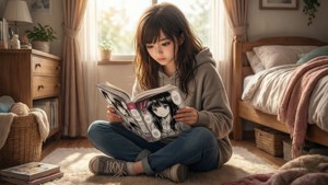 방 안에서 만화책을 즐기고 있는 소녀의 평화로운 모습. — 만화 GIF 배경화면