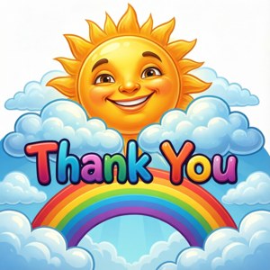 쾌활한 만화 태양과 무지개 클립아트, Thank You 텍스트 포함 — 모토로라 레이저 2026 배경화면