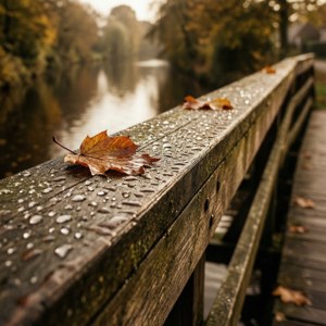 이슬과 나뭇잎이 맺힌 메펠의 나무 다리 난간 매크로 샷 — 가을 배경화면