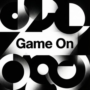 검은색과 흰색의 추상 기하학적 디자인에 굵은 'Game On' 텍스트. — OLED 배경화면