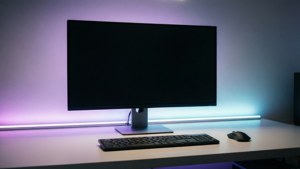 RGB 조명이 있는 깔끔하고 모던한 데스크탑 세팅.
