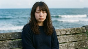 해변에 홀로 있는 리카코, 슬픔에 잠겨 — 파도 배경화면