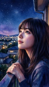 발코니에서 별을 바라보는 리카코 — 파도 배경화면