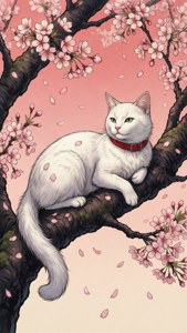 사쿠라 나뭇가지 위에 앉아 있는 우아한 고양이 — 애니메이션 고양이 배경화면