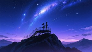 은하수가 빛나는 산꼭대기에서 바라본 애니메이션 별빛 풍경. — 애니메이션 풍경 배경화면