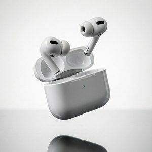 공중에 떠 있는 AirPods, 제품 사진. — 갤럭시 워치 배경화면