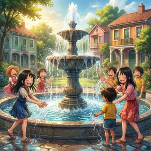 드레스로자 공원 분수대에서 노는 즐거운 아이들. — 픽셀 워치 3 배경화면