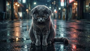 빗속에 홀로 있는 회색 고양이 — 애니메이션 고양이 배경화면