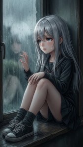 슬픈 표정의 애니메이션 소녀가 창턱에 앉아 비를 바라보며 손으로 유리를 만지고 있다. — 아이폰 8 배경화면