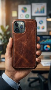 가죽 케이스를 씌운 iPhone 11 Pro Max를 사무실 배경에서 전문가가 들고 있는 모습.