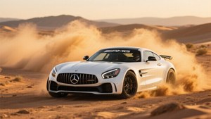 황금 시간대 사막에서 드리프트하는 흰색 메르세데스-AMG GT R