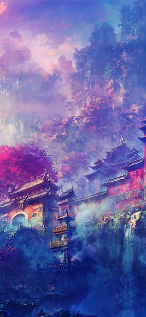 사원 보라색 애니메이션 감성 — 아이폰 15 배경화면