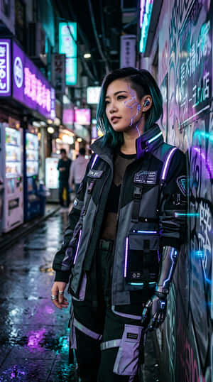 사이버펑크, 미래적, 네온 불빛, 사이보그, 로봇 팔, SF, 테크웨어, 도시, 밤의 도시, 아시아 여성, 디지털 아트, 첨단 기술, 디스토피아, 패션, 증강 현실, 전자적, 생동감, 어두운 미학, 초상화, 미래