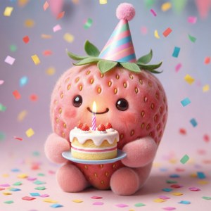 딸기가 케이크와 색종이로 생일을 축하합니다. — 모토로라 레이저 2025 배경화면