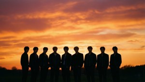 스트레이 키즈 멤버들의 실루엣이 화려한 석양을 배경으로 한 모습 배경화면