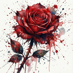 가시 붉은색과 검은색의 스플래터 효과가 있는 예술적인 수채화 장미. — 픽셀 워치 3 배경화면