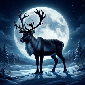 눈 내리는 밤, 보름달 아래 순록의 실루엣. — 감성적인 크리스마스 배경화면