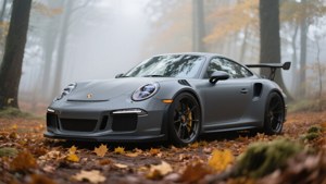 가을 숲 속의 무광 회색 포르쉐 911 GT3 RS