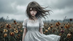 시든 들판에 서 있는 애니메이션 소녀, 슬프고 바람에 흩날리는 모습. — 슬픈 애니메이션 GIF 배경화면