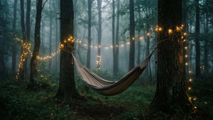 요정 불빛과 해먹이 있는 음산한 숲. — 인디 감성 GIF 배경화면